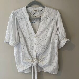 Porridge Anthropologie Clothing White Eyelet Lace Front Tie Button Down Blouse